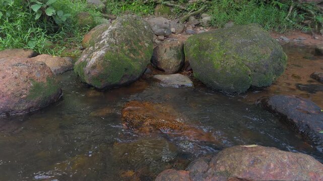 Moss-Covered Rocks in a Stream Ancient, moss-laden boulders create a natural dam in a flowing stream, surrounded by lush greenery and the gentle murmur of water.