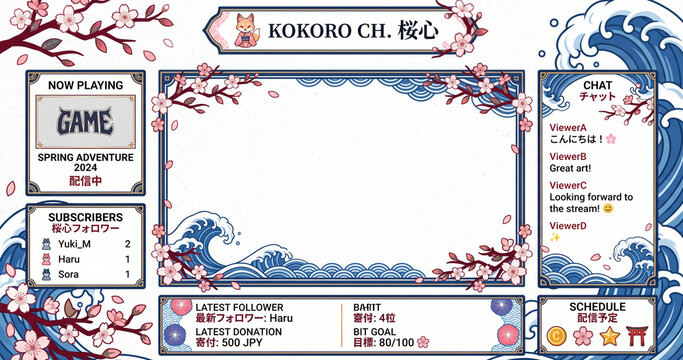 Japanese style streaming overlay with cherry blossoms and waves