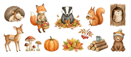Obraz premium Adorable fall watercolor collection featuring woodland wildlife and harvest nature. Collection of Vector illustrations for invitation, card, poster, banner, decoration