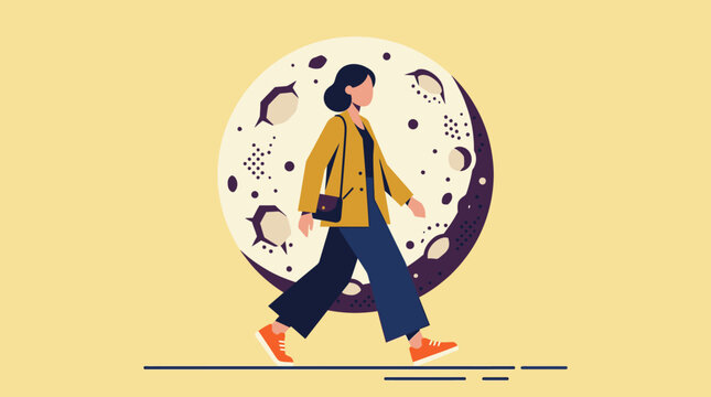 A stylish modern woman in a yellow jacket and blue pants walking confidently in front of a large decorative moon background. Flat vector illustration for lifestyle and fashion concept.