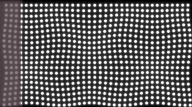 Glowing white dots arranged in a rhythmic geometric pattern create an organized matrix of spherical forms