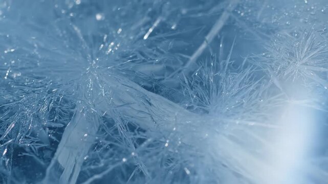 Macro view of sparkling hoarfrost and ice crystals illuminated by blue light, creating an abstract frozen winter texture background.