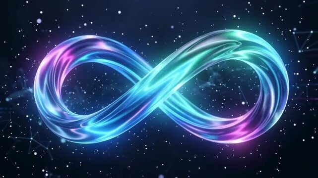 Glowing glass infinity symbol and cyber technology loop video background.