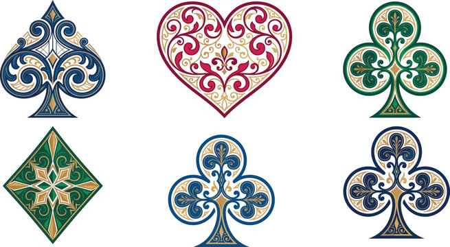 Set of ornate vintage playing card suit symbols with intricate floral filigree patterns and elegant gold flourishes