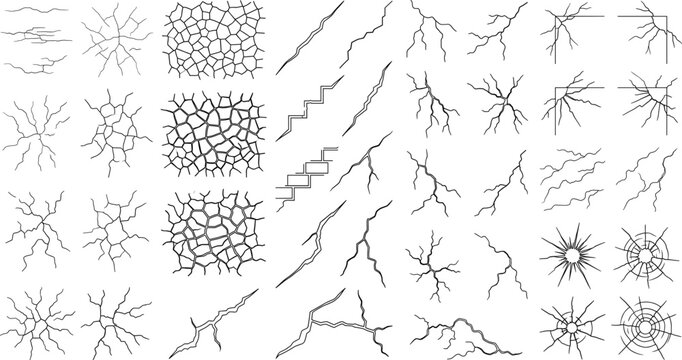 Cracked Ground and Fracture Line Vector Set with Earth Cracks Broken Surface and Damage Outline Collection