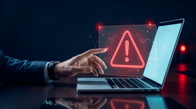 Businessman's hand interacting with glowing red warning sign on laptop screen