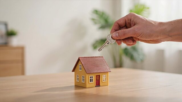 Hand holding key above miniature house model representing new homeownership and real estate investment