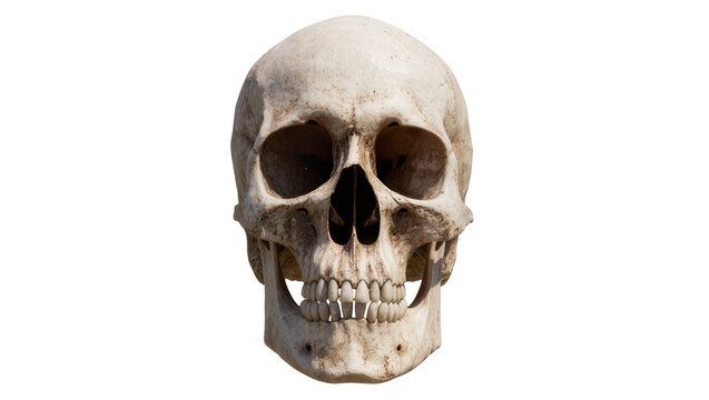 Isolated realistic human skull bone structure, detailed anatomical study, front view