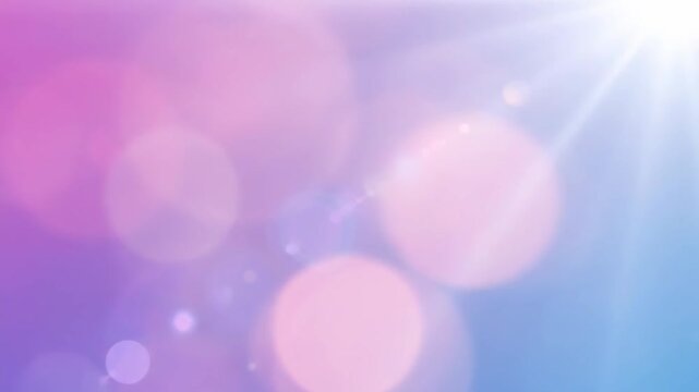 Soft pastel pink and blue gradient background with shimmering bokeh light effect and bright white lens flare emanating from the top corner, providing abstract copy space.