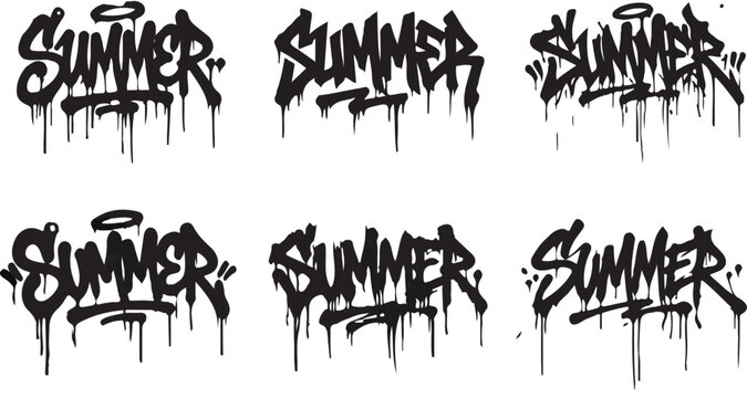 Summer graffiti lettering font urban drip style vector set