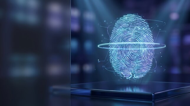 Digital fingerprint hologram with glowing blue and purple particles
