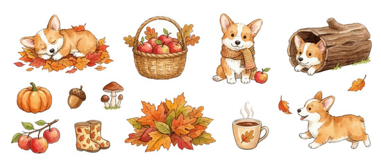 Obraz premium Warm fall watercolor collection featuring seasonal comfort, nature and adorable puppy. Collection of Vector illustrations for invitation, card, poster, banner, decoration
