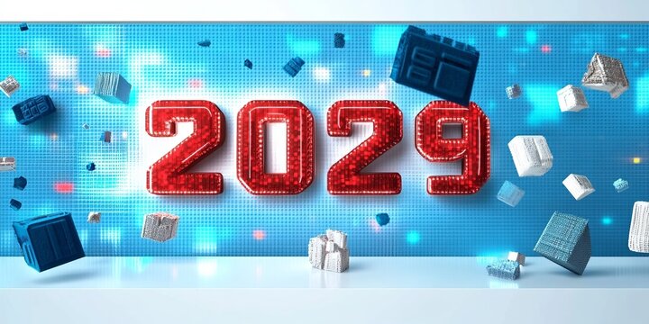 Futuristic Digital Background Illustration Showcasing The Year 2029 With Floating Tech Elements
