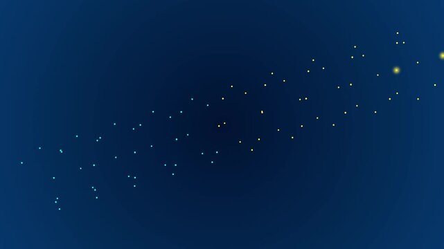 Glowing yellow and teal particles drift across a deep blue space to create stellar light motion