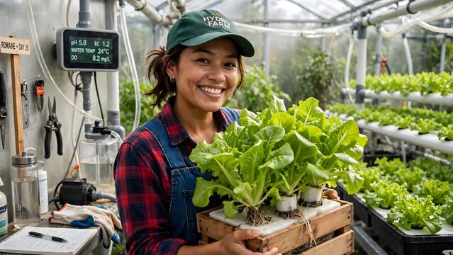 Smiling Asian female farmer holding fresh hydroponic romaine lettuce in modern greenhouse farm, showcasing smart hydroponics system with pH EC monitoring, sustainable agriculture technology.