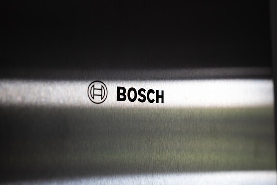 Arad, Romania, June 25, 2026. Close up view of the Bosch brand name and logo printed on a brushed stainless steel metal surface