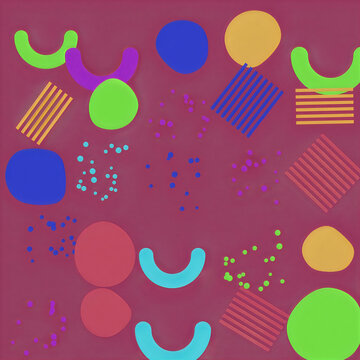 Colorful abstract geometric shapes pattern with memphis style elements on a purple background