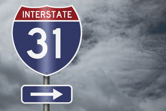 American Interstate I31 sign with stormy sky for transportation