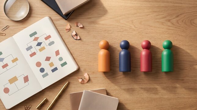 Business Process Mapping and Team Optimization Diagram with Colorful Figures on Wooden Desk Overhead View