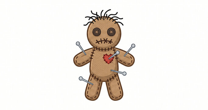 Burlap voodoo doll with pins and red heart on white background