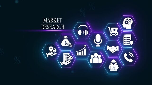 Market research concept with glowing neon hexagon business strategy and data analysis infographic animation