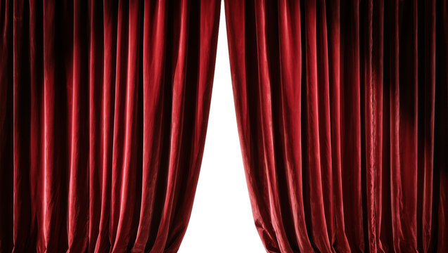 Isolated open red velvet theatrical stage curtains, elegant fabric for dramatic reveal