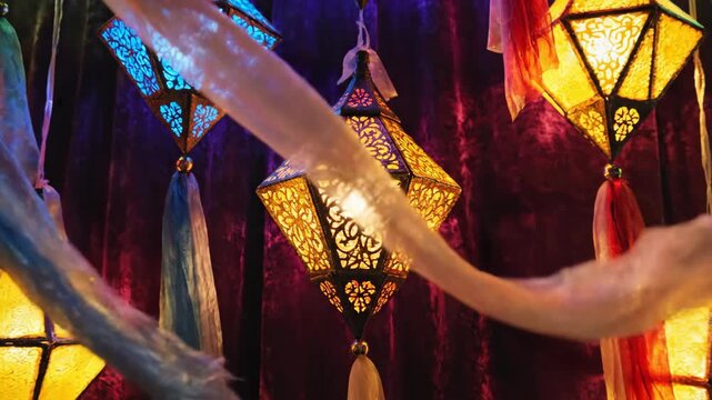 Hanging colorful lanterns decorated for a traditional festival.