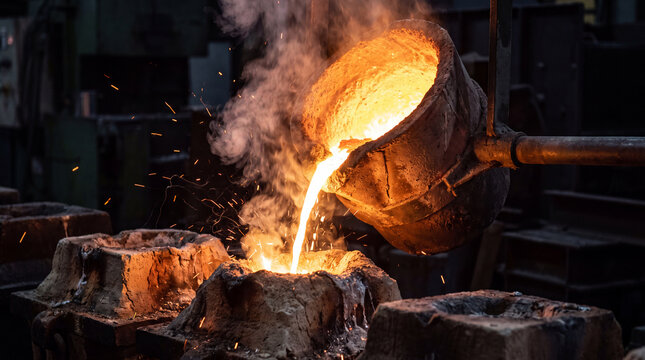 Glowing crucible pouring molten metal into mold with sparks and steam in an industrial foundry casting process