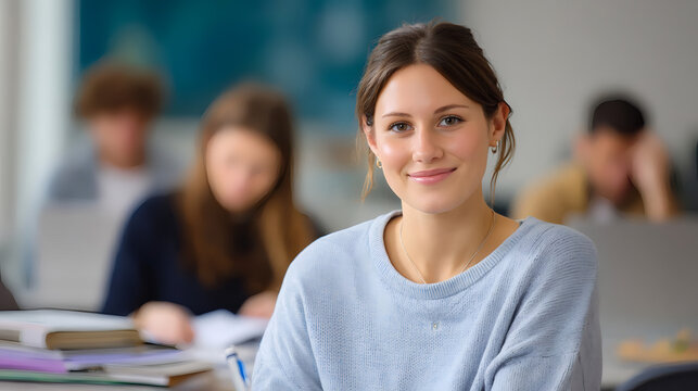 Smiling young woman sitting in a classroom with students studying in the background, showing a positive and focused learning environment.