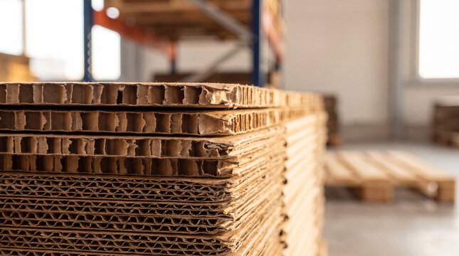 Close-up stack of corrugated cardboard sheets in a warehouse storage area on pallets - packaging material detail