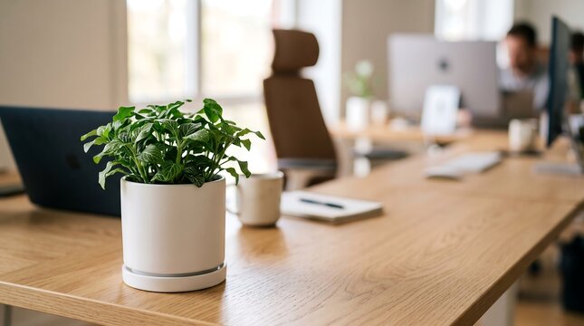 Fittonia plant in white pot on wooden desk in modern office with laptop and blurred background of colleagues working during business day