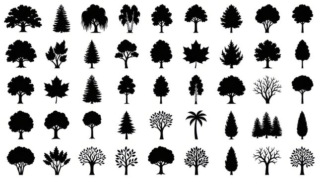 Set of various black tree silhouettes collection including oak pine willow palm and maple trees for forest design