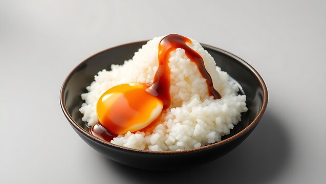 Isolated studio shot of tamago kake gohan with soy sauce lightly poured, raw egg yolk unbroken, white rice in perfect mound, minimalist grey background