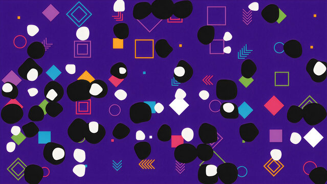 Abstract background with colorful geometric shapes and circles on a dark blue surface