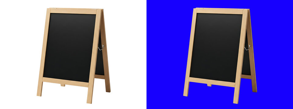 A wooden a-frame chalkboard sign with a black writing surface, isolated on a white background, for menu or, advertising display purposes isolated on a transparent background