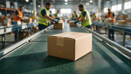 Fototapeta premium Cardboard box on warehouse conveyor belt with workers - logistics package processing and distribution