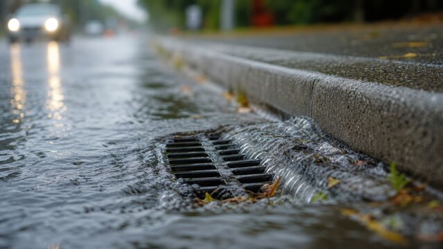 Flooded Asphalt City Road with Overwhelmed Sewers and Storm Drain Capturing Rainwater Runoff During Heavy Seasonal Weather and Urban Downpour