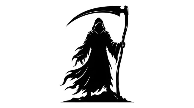 Grim reaper silhouette holding a sharp scythe