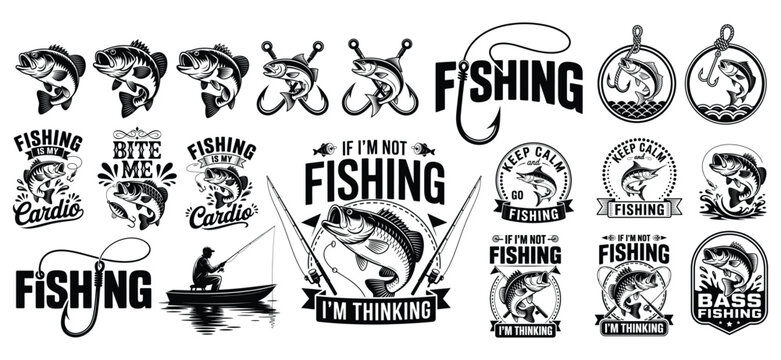 Fishing Vector Logo Bundle, Black White Emblem Badge Collection, Fishing Bass Fish Hook Vector Set, Vintage Bass Fishing Emblem Bundle, Angler Fisherman Hook Rod Silhouettes