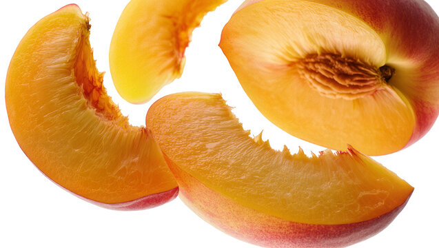 Isolated fresh juicy peach fruit slices with pit and vibrant pulp, healthy summer snack