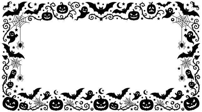 Halloween spooky border with pumpkins bats and ghosts