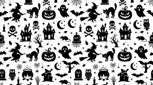 Seamless halloween pattern with spooky icons and symbols