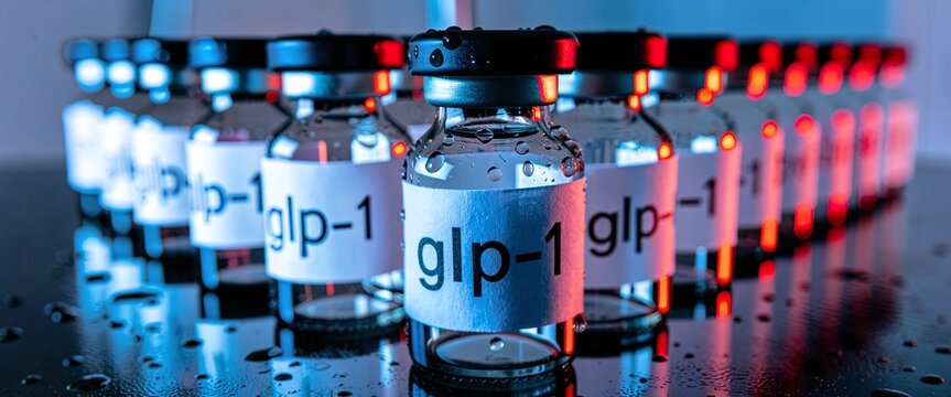 glp-1 weight loss and diabetes medication glass bottles in a modern pharmaceutical laboratory setting.