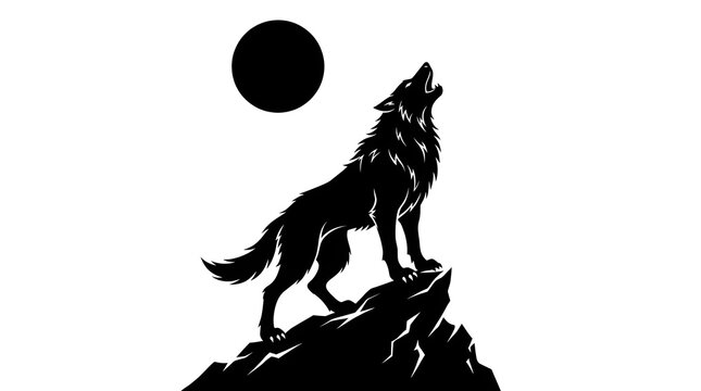 Black wolf howling at the moon on a mountain peak