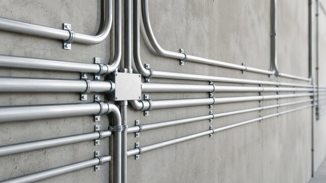 Industrial conduit pipes and electrical metal tubing create organized parallel lines along a concrete wall in a modern commercial facility