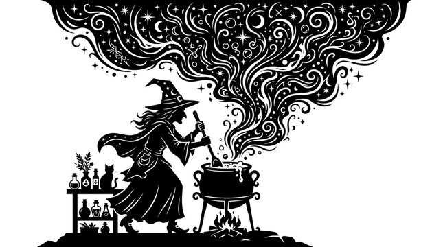 Witch stirring a magic potion in a black cauldron
