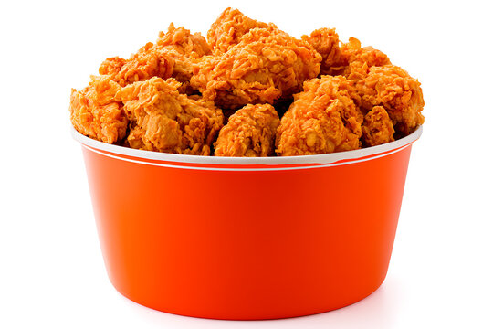 A large orange bucket filled with crispy golden fried chicken pieces, isolated on white background