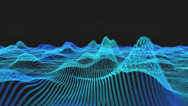 Abstract cyber terrain wireframe background with flowing blue and cyan digital waves