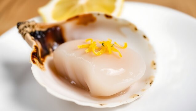 Isolated macro shot of fresh scallop sashimi (hotate) with lemon zest, served in a seashell, high contrast lighting, clean white plate, fine detail focus