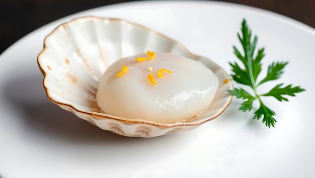 Isolated macro shot of fresh scallop sashimi (hotate) with lemon zest, served in a seashell, high contrast lighting, clean white plate, fine detail focus